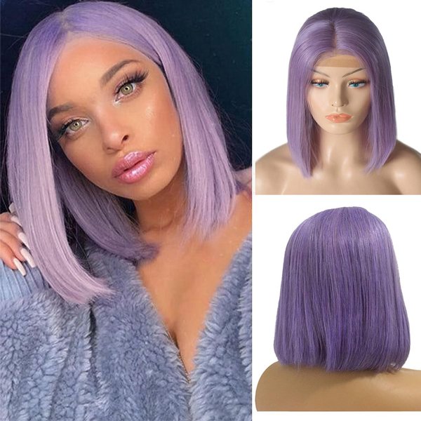 OiMiGO Bob wig Human Hair HD Lace Front Wigs 13x4 Free Part Human Hair Wig Lilac Purple Shoulder Length Bob Gluless Wigs 180% Brazilian Virgin Wigs Straight Hair for women(16Inch)