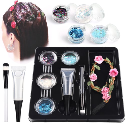 SPRINGSUGAR Body Glitter Kit, Face Glitter Kit for Kids Includes 4 Chunky Glitters, Glitter Glue, Brush, Flower Crown, Hair Makeup Glitter Set for Kids Party Women Girls