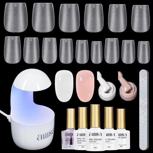 AILLSA Extra Short Coffin Gel Nail Kit 240pcs Full Nail Tips with 2 In 1 Nail Glue Base Top Coat Nail Dehyrator U v Led Lamp, Gel Extension Nail Kit for Beginners Home Salon