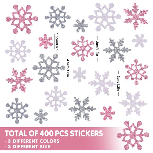 Whaline 400Pcs Glitter Snowflake Foam Stickers Christmas Pink White and Silver Self-Adhesive Snowflake Foam Decals Decorative Xmas Stickers for Christmas Winter Baby Shower Birthday Party DIY Craft