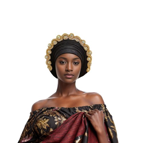 African Women's Turban Hat Stylish Gele Gemstone Headpiece, Perfect for Wedding Parties. Auto Gele HeadtiesNigerian Toe Cap (Polyester, Black)
