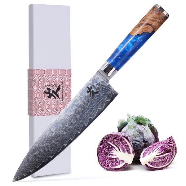 SAMCOOK Damascus Chef Knife - 8 Inch Professional Sharp Gyuto Knife - Japanese VG-10 High Carbon Stainless Steel Kitchen Cooking knife - Ergonomic Blue Resin Wood Handle with Gift Box