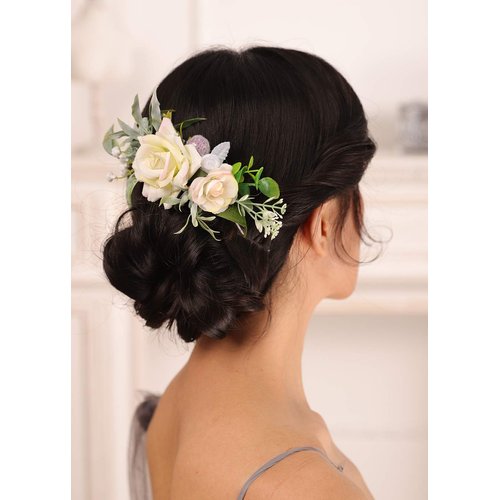 Kercisbeauty Women White Rose Flower Hair Comb Wedding Green Hair Accessories for Brides Bridesmaid Bun Hair Piece