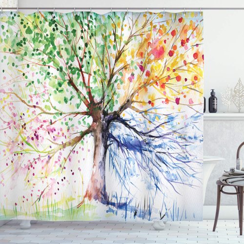Ambesonne Tree Shower Curtain Set with Hooks Watercolor Style Branches Colorful Blooming Nature for 4 Seasons Theme Washable Cloth Polyester Fabric Home Dorm & Bathroom Decor 69" W x 70" L Berry Green