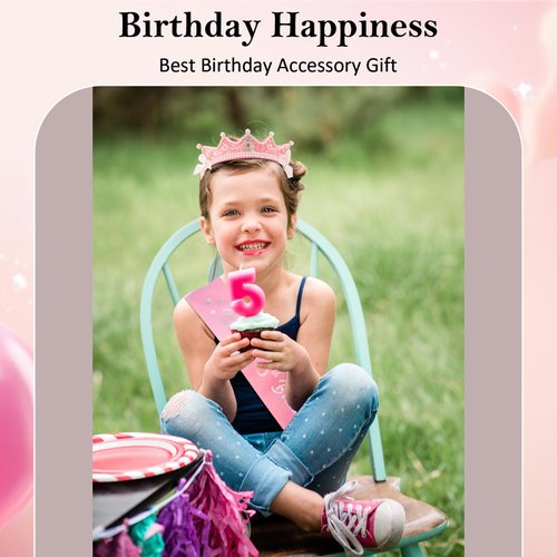 CUBACO Birthday Crown Headband Birthday Girl Crown and Sash, Birthday Girl Headband Princess Pink Crown 5 Year Old Girl Gift Outfit Birthday Decorations,Suitable for Party Favors Decorations