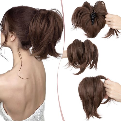SEGO Pro Claw Clip Short Ponytail Hair Extensions Messy Bun Hair Piece Pony Tails Hair Extensions with Bendable Metal Wire Hair Pieces DIY Style 8 Inch 10B Copper Brown