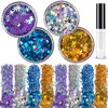 Holographic Chunky Glitter Silver Gold Magic Purple and Purplish Blue Cosmetic Body Hair Face Eye for Festival Carnival Beauty Rave Accessories Different Shapes 4 Pots+ Quick Dry Primer Glue Gel