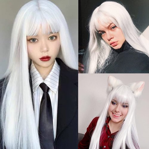 Tseses White Straight Long Wigs for Women with Flat Bangs Synthetic Hair Natural Looking Halloween Cosplay Daily Wig with Wig Cap