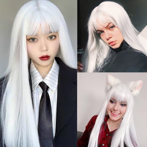 Tseses White Straight Long Wigs for Women with Flat Bangs Synthetic Hair Natural Looking Halloween Cosplay Daily Wig with Wig Cap