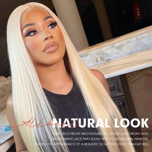 Allbell 613 Synthetic Lace Front Wig 28Inch Blonde Wigs for Women Long Straight Platinum Blonde Wig with Baby Hair Free Part 13×4 Frontal HD Lace Wig Heat Resistant Fiber