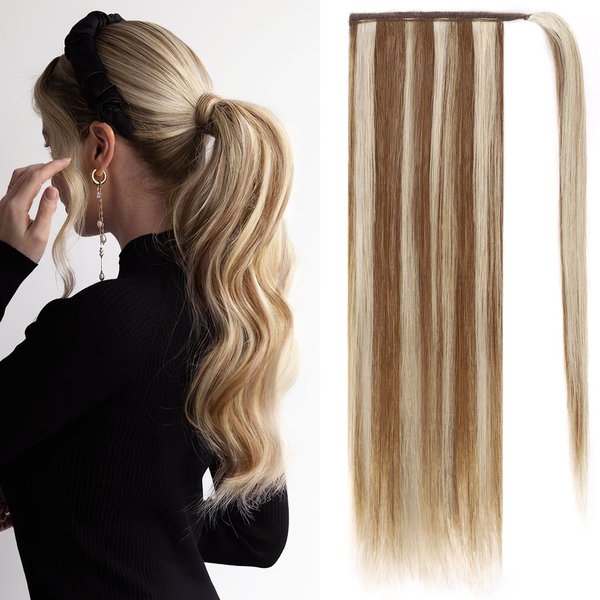 Ponytail Extension Human Hair 100% Real Remy Human Hair Wrap Around Ponytail Long Straight Ponytail Hairpiece Pony Tails Hair Extensions (18inch, P10/613(Dark Brown and Bleach Blonde))