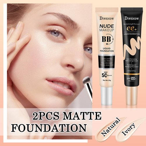 2PCS Full Coverage Concealer Foundation Set,Moisturizing BB Cream,Long Lasting Hydrating Lightweight CC Cream with Makeup Brush,Oil Control Face Moisturizer SPF 50 PA++++ Sunscreen（A）