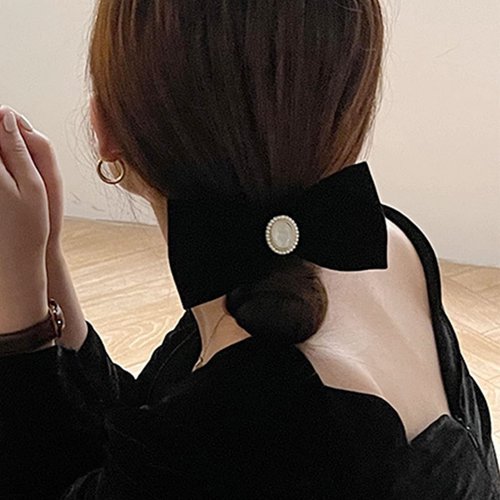 Sttiafay Velvet Bow Hair Clip Black Satin Bow Hair Barrette Bowknot French Barrette Headdress Pearl Bow Tail Headwear Hair Accessories for Women and Girls