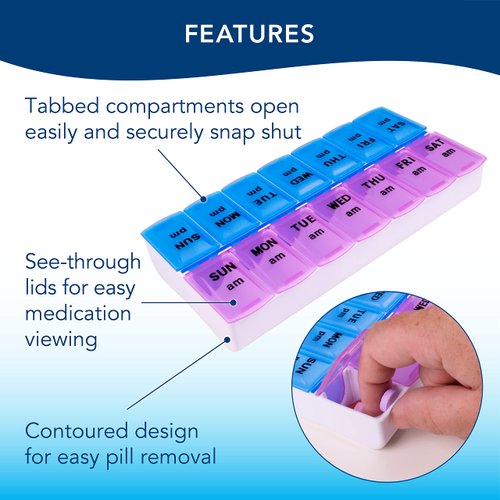 Apex Twice-A-Day Weekly Pill Organizer, Weekly Pill Organizer, 2 Times a Day Color-Coded, Easy-Open, See-Through Lids, Organize Medication or Vitamins by AM, PM or Morning and Bedtime, Assorted