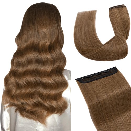 Hairro 100% Human Hair Clip in Extensions 14 Inch 45g One-piece 5 Clips Long Straight Clip on Hairpiece Half Head for Women Wide Standard Weft Soft Silky #6 Light Brown
