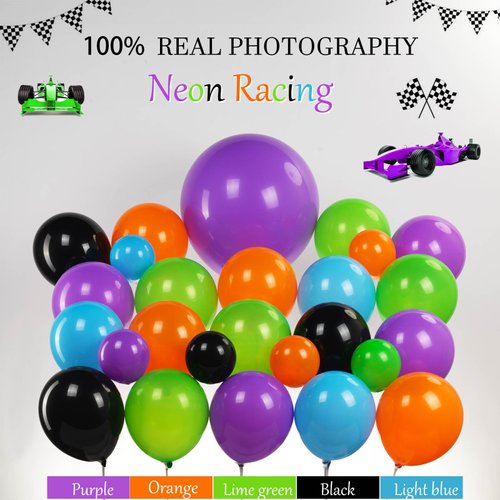 Truck Theme Balloon Garland Arch Kit vibrant Purple orangeGreen Black with Big Wheels checkered star mylar foil balloons For Kids fast one Boy Birthday Race Car construction theme Party Decorations