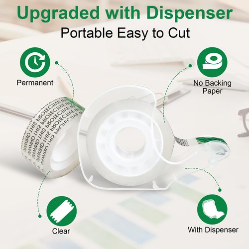 Double Sided Tape with Dispenser, Standard Width, 3/4 in x 300 in, 3-Pack, Double Stick Tape with No Peel-Away Liner, Glufirm