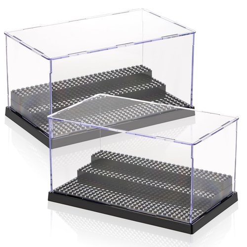 ZEAYEA 2 Pack Display Case for Minifigure Action Figures Blocks, Acrylic Display Box Storage with 3 Movable Steps, Dustproof Showcase for Collection Bricks Blocks Models Minifigures Building, Black