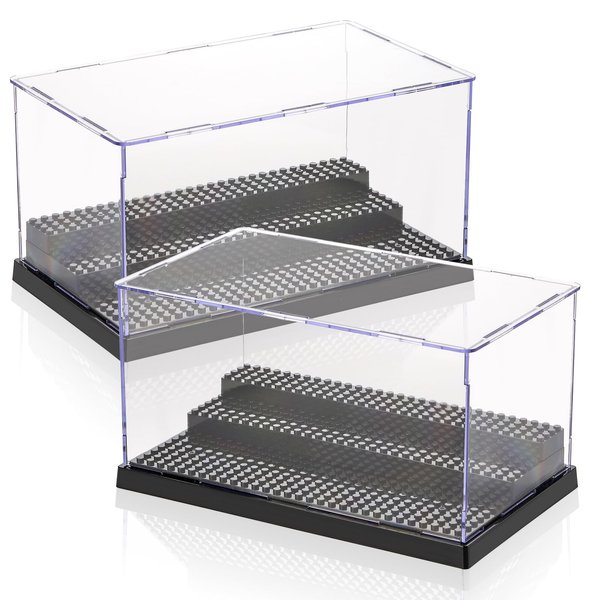 ZEAYEA 2 Pack Display Case for Minifigure Action Figures Blocks, Acrylic Display Box Storage with 3 Movable Steps, Dustproof Showcase for Collection Bricks Blocks Models Minifigures Building, Black