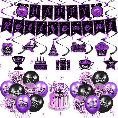 Retirement Party Decorations for Women,Purple Happy Retirement Party Supplies, Retirement Banner,18pcs Retirement Latex Cofetti Balloons, Hanging Swirl, Cupcake Topper Retirement Party Decor Favors