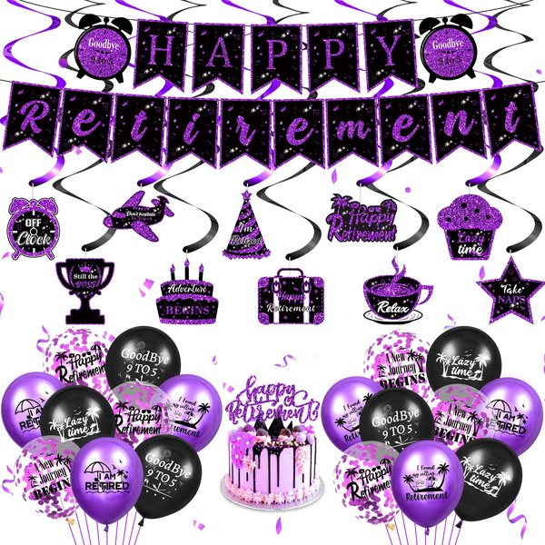 Retirement Party Decorations for Women,Purple Happy Retirement Party Supplies, Retirement Banner,18pcs Retirement Latex Cofetti Balloons, Hanging Swirl, Cupcake Topper Retirement Party Decor Favors