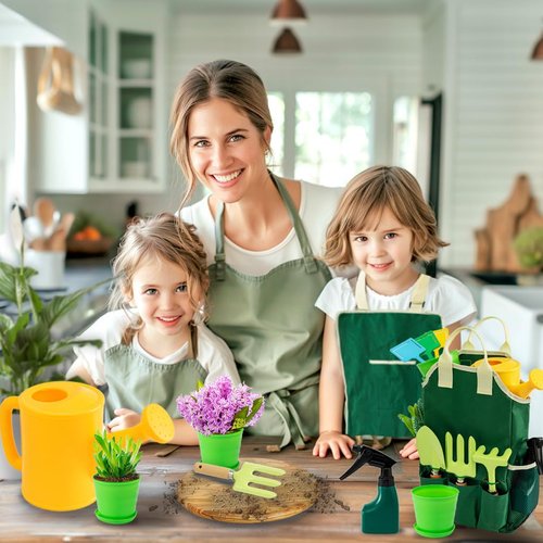 JOI MEW Kids Gardening Tools Set, Garden Toys w/Wooden Handle Alloy Rake,Fork,Trowel, Watering Can,Gloves,Tote Bag,Plant pots, DIY Bookmark Kits, Spring Summer Toy Outdoor Gift for Toddler Boy Girl