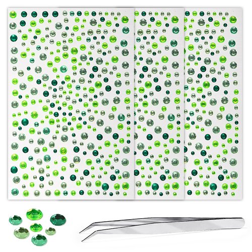 975Pcs Self-Adhesive Face Rhinestones Gem Stickers Hair Jewels Body Glitter Rhinestones for Makeup Gem Stickers Jewels Stickers for Decorations Crafts Holiday Makeup Party 3/4/5/6 mm (Mixed Green)
