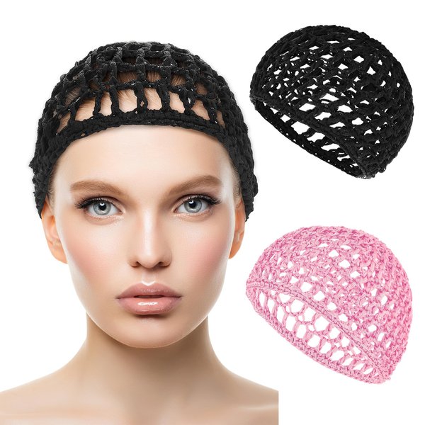 WLLHYF Wig Cap Thick Long Hair Caps Adjustable Elastic Net Anti-Slip Mesh Braided Weaving Making Crochet Sew Weave Fishnet Part Grip Headband Hat Women(Black/Pink)