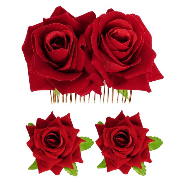 Topbuti Rose Flower Hair Clip Fabric Rose Hairpin Rose Brooch Floral Clips, 3 Pcs Mexican Hair Flowers Pin up Headpieces Flamenco Dancer Hair Accessories for Women Girls Wedding Mother's Day (Red)