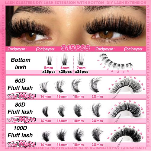 Focipeysa Cluster Eyelash Extensions Fluffy Eyelash Clusters with Bottom Lashes 14-20mm Lash Clusters 315pcs Individual Eyelash DIY Lash Extension for Beginners (60D 80D 100D Mixed)