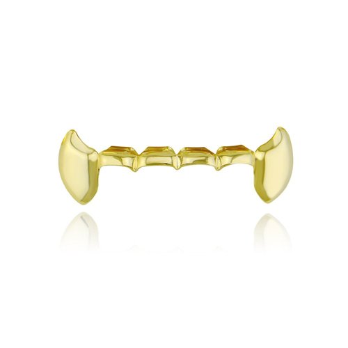 18k Gold Plated Grillz Vampire Dracula Teeth Grillz 2pc Single Fangs and 6 Bottom Grillz Set