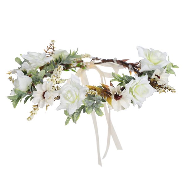 AWAYTR Leaf Flower Crown Garland Headpiece - Handmade Hair Floral Wreath Adjusatble Flower Headbands for Bridal Wedding Festival Party Flower Leaves Crown (Cream white)