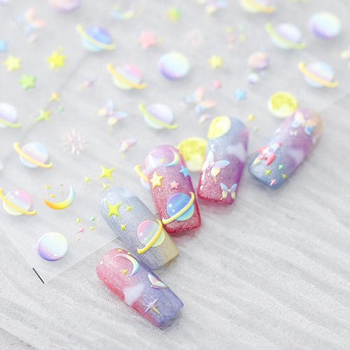5D Engraved Galaxy Stickers for Nails Gradient Colorful Space Planet Butterfly Design Decals Macarone Charm Moon Star Nail Art Stickers Decals Self-Adhesive Relief Aster Nail Decorations Accessories