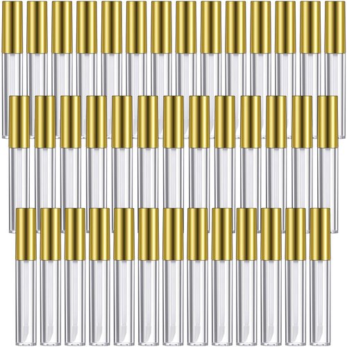 Patelai 40 Pieces Empty Lip Gloss Tubes Containers Clear Lip Balm Bottle with Rubber Stopper and 2 Pieces Funnels for Women DIY Makeup Lip Samples(10 ml,Gold)