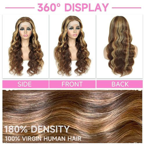 SKYDO Highlight Ombre Lace Front Wig Human Hair 4/27 Honey Blonde HD Lace Front Wigs Human Hair Pre Plucked 13x4 Body Wave Lace Front Wigs Human Hair 180 Density Human Hair Wig for Women 26inch