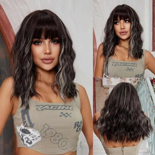 Veally Short Brown with Blonde Wigs for Women Curly Wavy Bob Wig with Bangs Natural Looking Synthetic Heat Resistant Fiber Highlight Wig for Daily Party Use (Brown with Blonde)