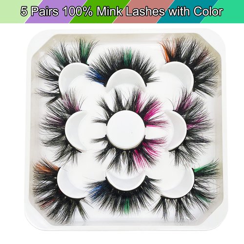 Colored Lashes Yasnai 22mm Mink Lashes with Color 5 Pairs Mix Long Color Lashes Dramatic Look Full and Fluffy Colored Eyelashes
