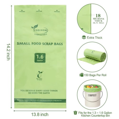 Codirom 100% Compostable Trash Bags, 1.6 Gallon, 6 Liter, 150 Count Samll Kitchen Food Scrap Waste Bags for Countertop Bin with Europe EN13432 Certified