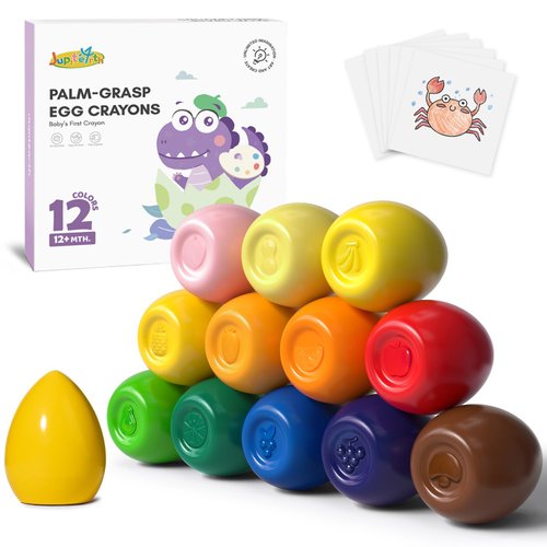 JUPITEARTH 12 Colors Egg Crayons for Toddlers 1-3, Palm Grasp Non Toxic Washable Jumbo Crayons for Kids, Fat Brain Toys for Preschool Art Supplies and Perfect Easter Gifts for Boys and Girls