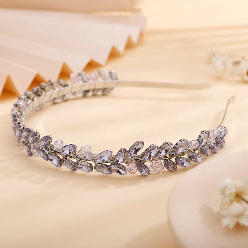 Teyglen Thin Full Purple Rhinestone Headband Hair Band Handmade Full Crystal Hair Hoop Gold Sparkly Crystal Hair Accessories for Women Girl (Light Purple)