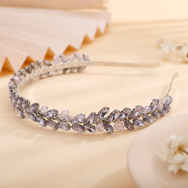 Teyglen Thin Full Purple Rhinestone Headband Hair Band Handmade Full Crystal Hair Hoop Gold Sparkly Crystal Hair Accessories for Women Girl (Light Purple)