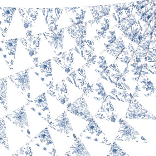 5 Pieces Blue White Vintage Floral Paper Pennant Garland Wedding Garland Triangle Banner for Wedding Bridal Shower Outdoor Decoration
