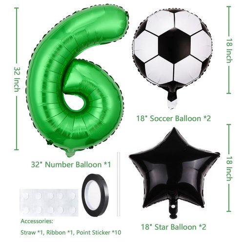 Soccer Balloons 6th Birthday Decoration for Boys, Soccer Birthday Party Supplies World Cup Soccer Sports Theme Birthday Party Decorations Supplies Favors Anniversary Decor Mylar Green 6 Balloon