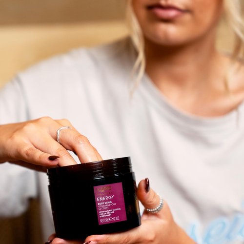 I LOVE Wellness Energy Body Scrub - Exfoliating Body Scrub - Sea Salt Shower Scrub - Orange and Bergamot Scent with Soothing Coconut Oil - 12.3 oz