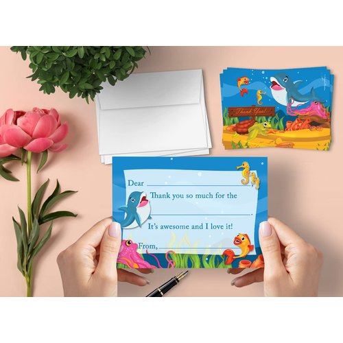 Thank You Cards | 20 Cards with Envelopes | Under The Sea Themed | Made for Kids | Flat Style | Colorful Design | Thank You Greeting Cards | Kids Thank You Cards | Children Thank You Cards