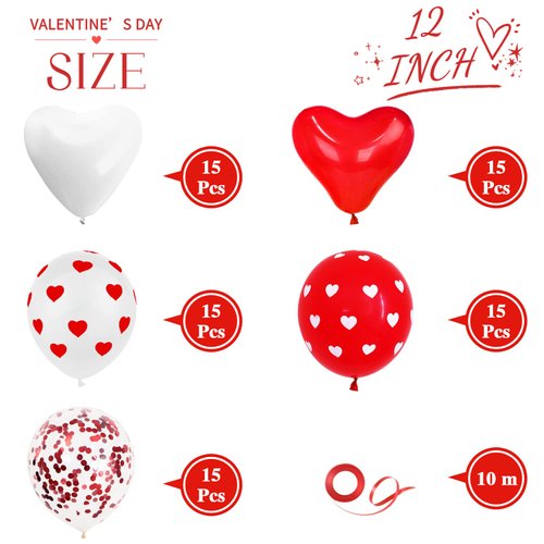 75 PCS Valentine's Day Heart Balloons Decorations Kit,12 Inch Heart Printed Red White Confetti Latex Balloons for Valentine Party Supplies,Romantic Decorations,Special Night