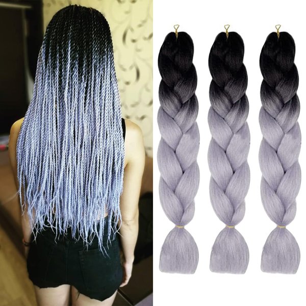 Ombre Braiding Hair Extensions 3 Pack/24 Inch Color Braiding Hair Fiber Crochet Hair for Box Braids Senegal Twist Hair Extensions for Women and Girls (24 Inch, Black/Gray)