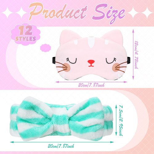 Wesiti 12 Pcs Sleepover Party Favors for Women Girls, 6 Cute Plush Sleep Eye Mask and 6 Spa Headband for Washing Face Bow Makeup Headbands Cat Eyeshade for Sleepover Birthday Pajama Party Supply Gift