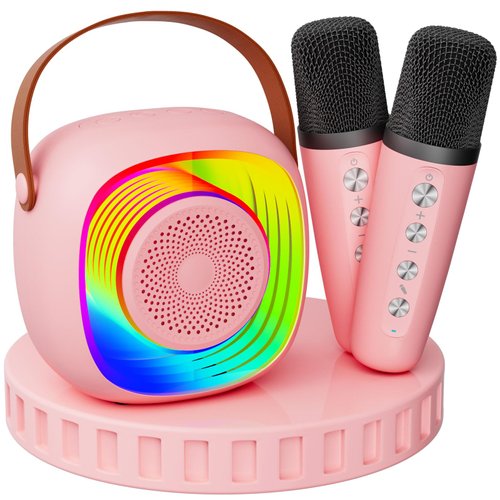 Karaoke Machine for Kids, Mini Portable Bluetooth Karaoke Speaker with 2 Wireless Microphones and Lights, Birthday Gifts for Girls Ages 4, 5, 6, 7, 8, 9, 10, 12+(Pinkcolor)