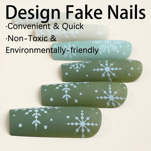 Christmas Press on Nails Long Square Fake Nails Xmas Green Matte False Nails With Snowflake Designs Full Cover Stick on Nails Acrylic Winter Reusable Artificial Nails for Women Glue on Nails 24 Pcs